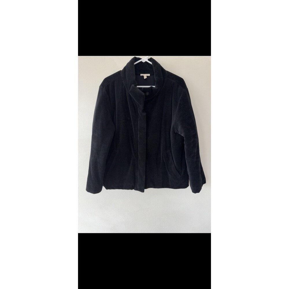 Eileen Fisher Jacket Womens Medium Black Velvet Velour Snap Up Long Sleeve Warm